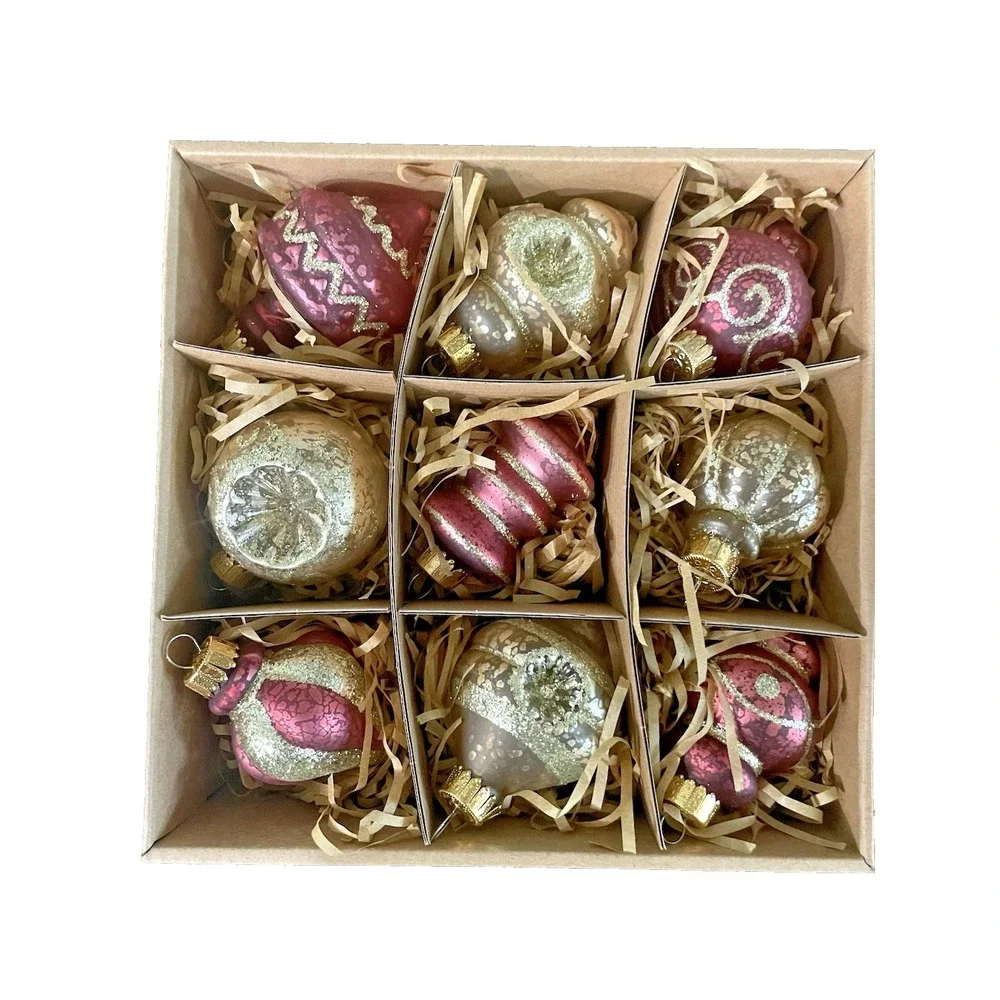 Vtg Set of 9 Ashland‎ Glass Glitter Frosted Pink Gold Christmas Ornaments NIB
